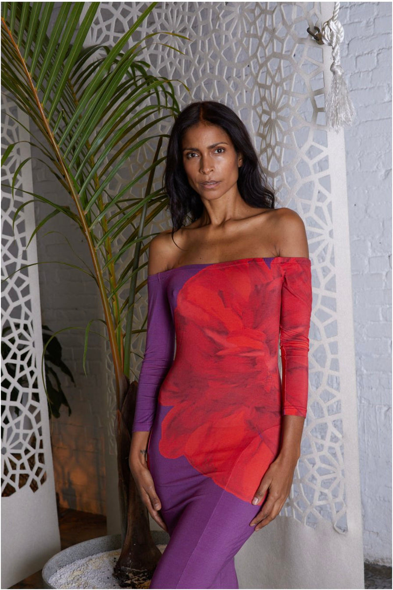 women posed in the perfect off the shoulders cocktail dress with floral printed flower purple an red 