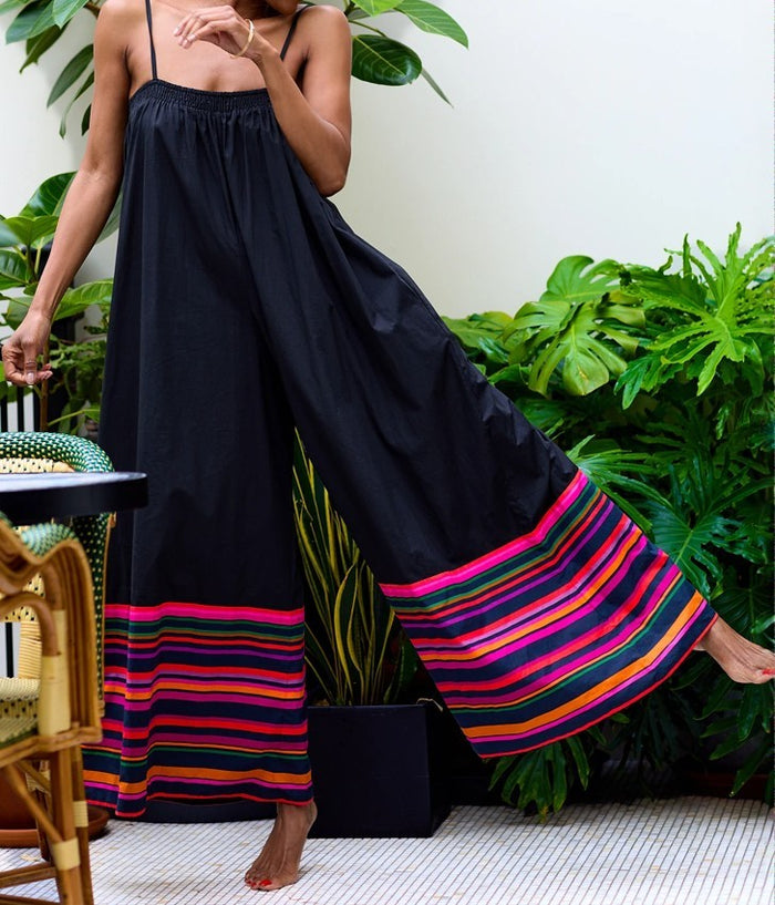 Wide Leg Jumpsuit - Striped Hem