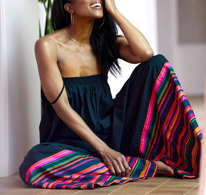 Wide Leg Jumpsuit - Striped Hem